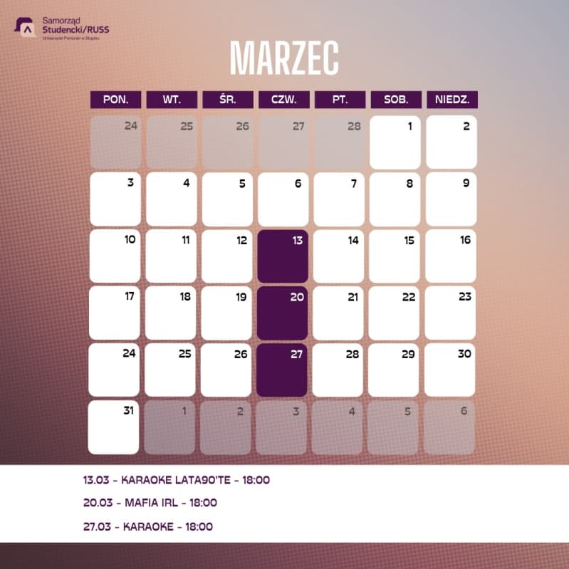 Marcowy harmonogram wydarzeń, organizator - RUSS