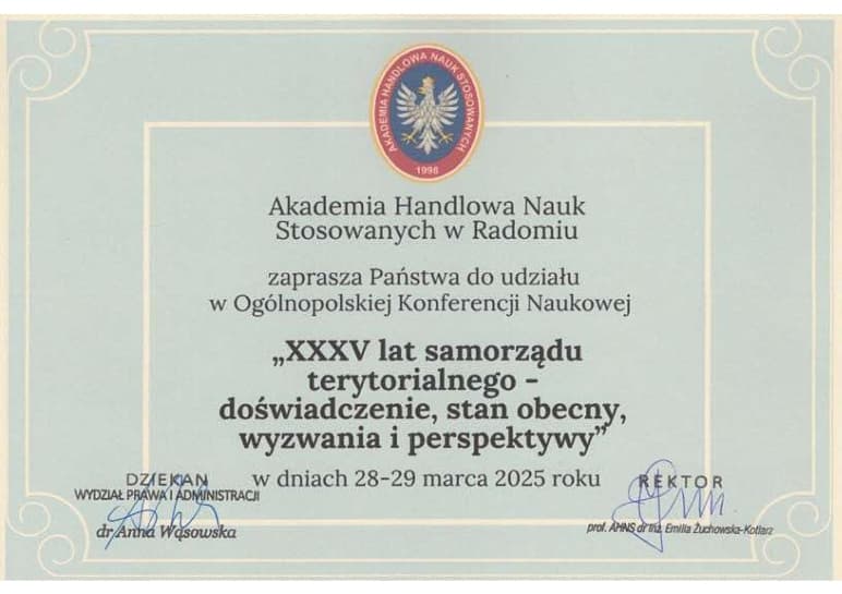 Ogólnopolska Konferencja Naukowa "XXXV lat samorządu terytorialnego - doświadczenie, stan obecny, wyzwania i perspektywy".